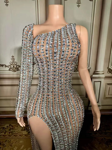 Sexy Pink Mesh Party Dress Hollow Out Sleeveless Prom Gowns Pageant Dinner Night Wear for Women High Slit Performance Costumes