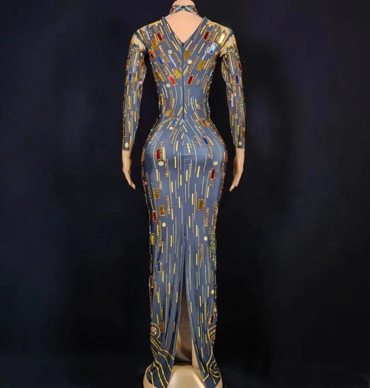 Women Colorful Rhinestone Sexy Black Spandex Long Sleeves Bodycon Dress Birthday Prom Costume Evening Dancer Performance Gowns