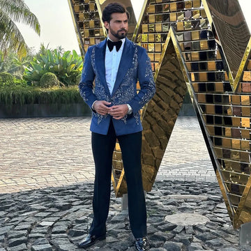 Customized Luxury Fashion Men Suit for Wedding 2 Pieces Sets Male Prom Blazer Sparkly Crystals Beaded Trajes Para Hombre