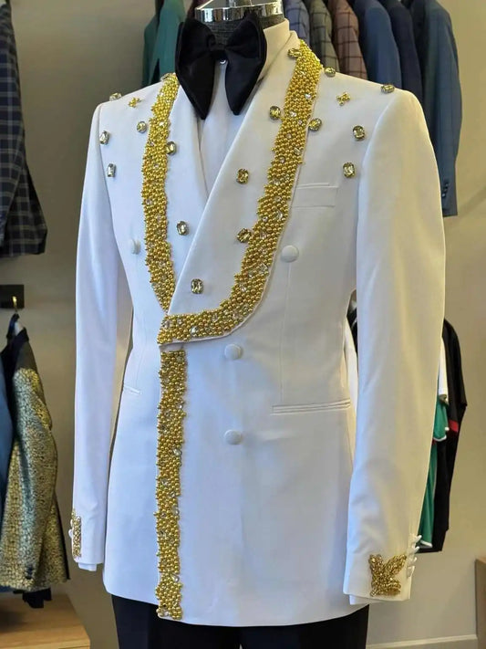 Elegant Beaded Wedding Tuxedos 1 Piece Set Diamond Men Suit Peaked Lapel Double Breasted Evening Prom Grooms Blazers Customized