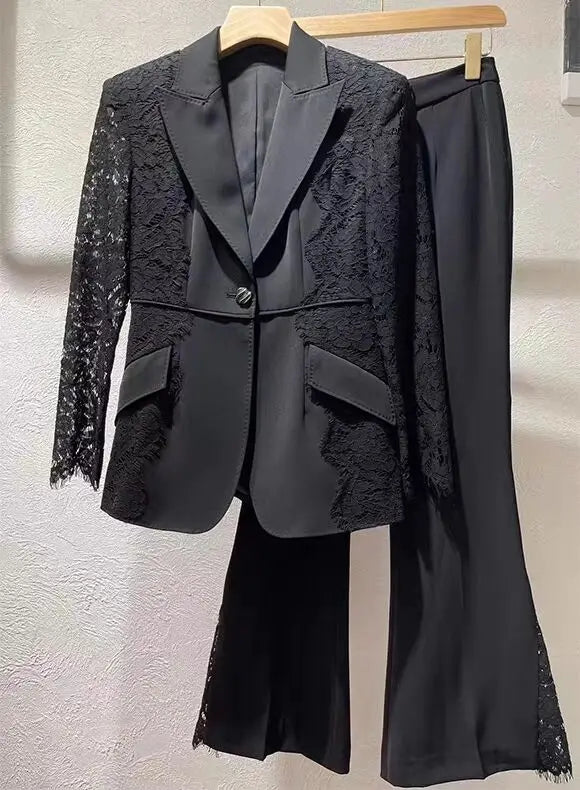 Suit Set Women's Lace Patchwork Single Button Blazer Flare Pants Set 2pcs