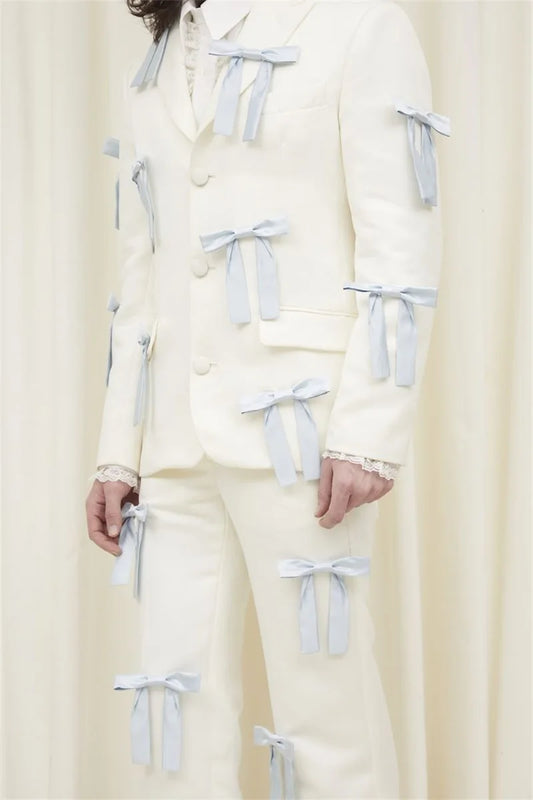 Bow White Formal Men Suit Pants Set 2 Piece Blazer+Trouser Customized Office Business Jacket Cotton Prom Wedding Tuxedo Coat