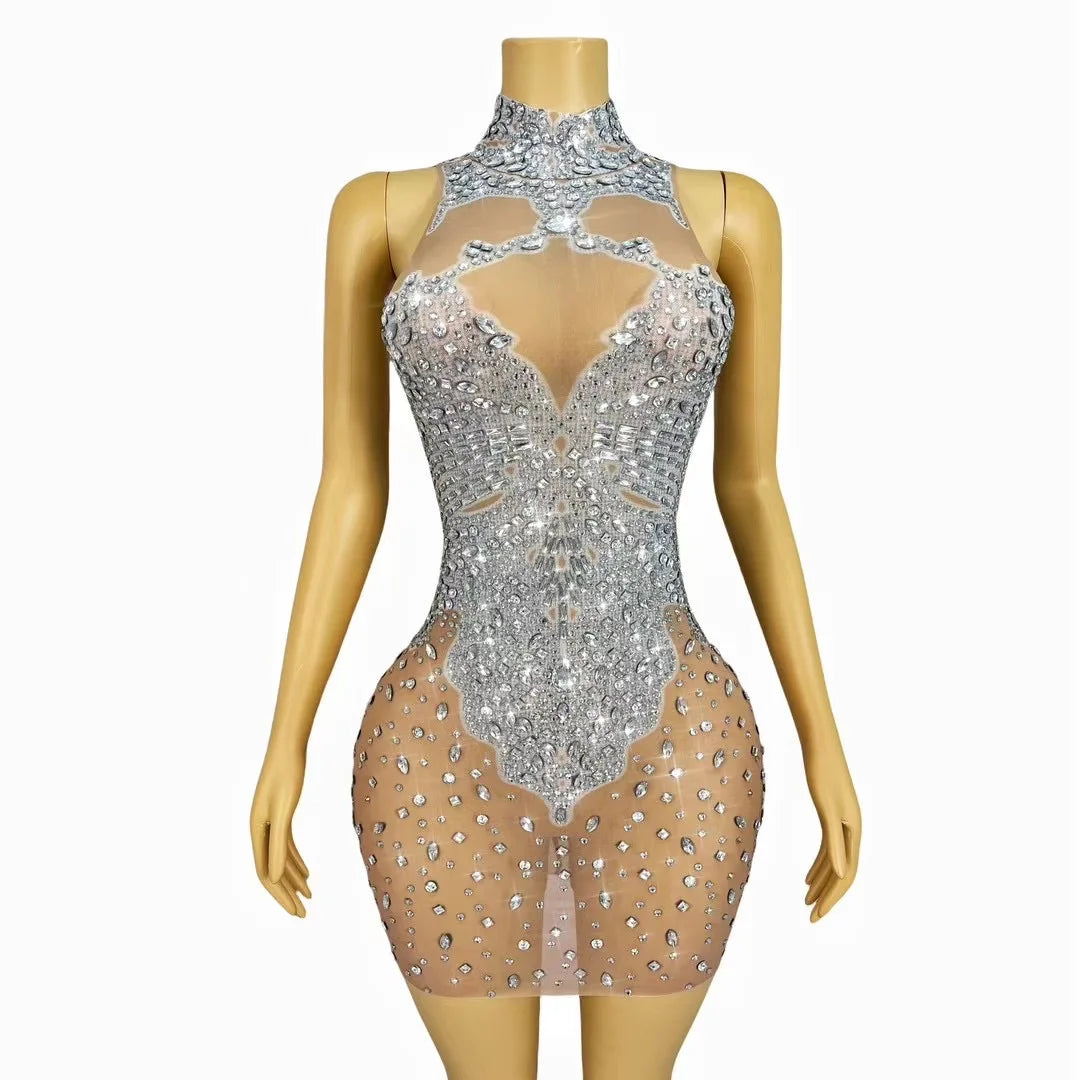 Rhinestones Sleeveless Party Dress Elegant Women Sexy Mesh Stretch Evening Prom Gowns See Through Birthday Costume