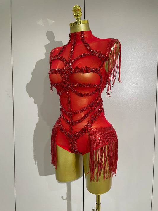 Sparkly Red Rhinestone Tassel Sexy Mesh See Through Bodysuit Women Celebrate Birthday Party NightClub Singer Dancer Stage Wear