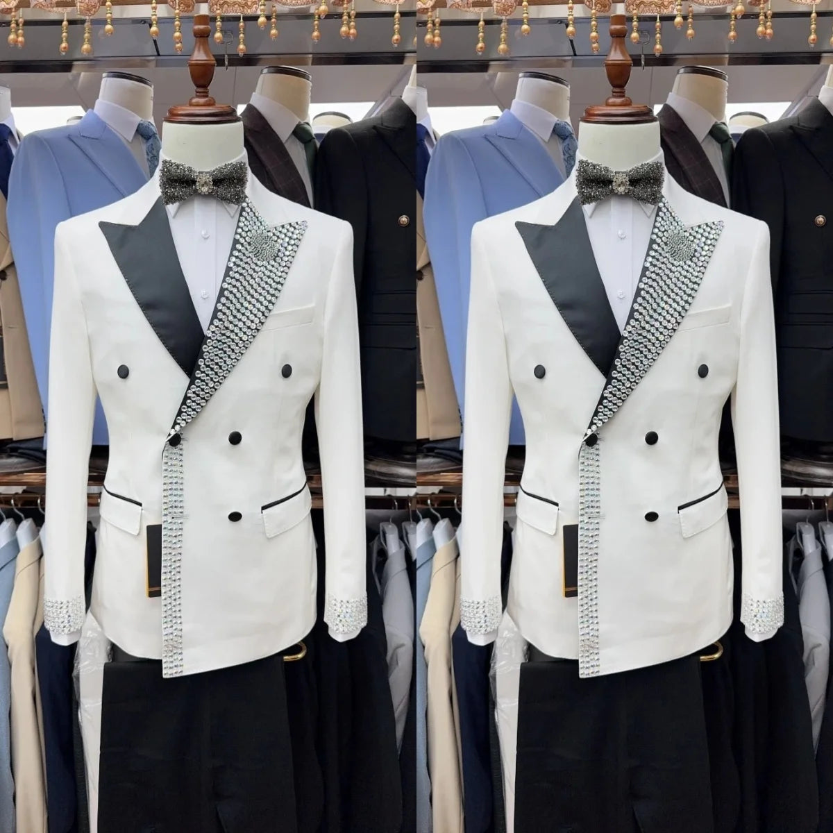 Luxurious Men's Suit Peaked Lapel Blazer 2 Pieces Set Rhinestone Beaded Coat Prom Formal Occasion Customized Jacket Black Pants