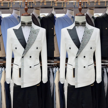 Luxurious Men's Suit Peaked Lapel Blazer 2 Pieces Set Rhinestone Beaded Coat Prom Formal Occasion Customized Jacket Black Pants