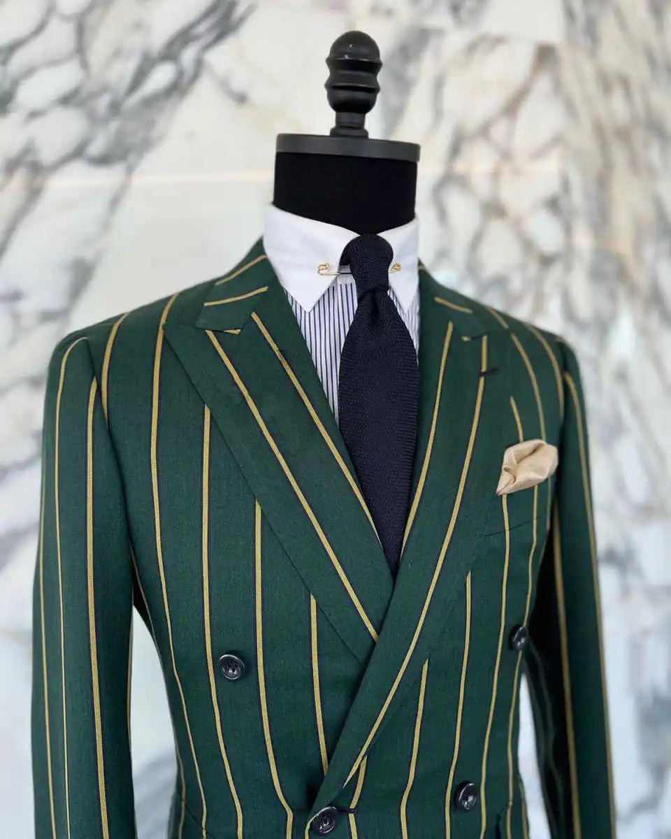 Vintage Pinstriped Men Wedding Suits Peaked Lapel Double Breasted Tuxedos Groom Party 2 Pcs Blazer Pants Customized Suit