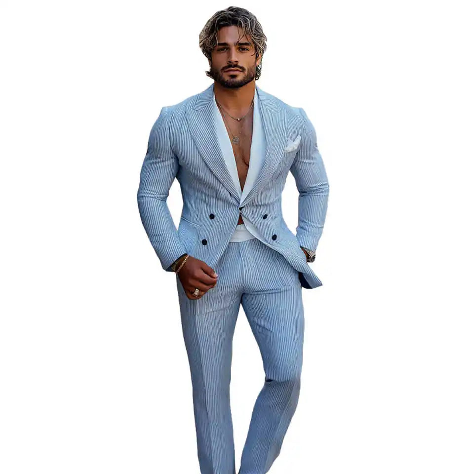 Casual Stripe Men Suits Slim Fit 2 Pieces Set Notched Lapel Double Breasted Party Prom Groom Tuxedos Business Customized