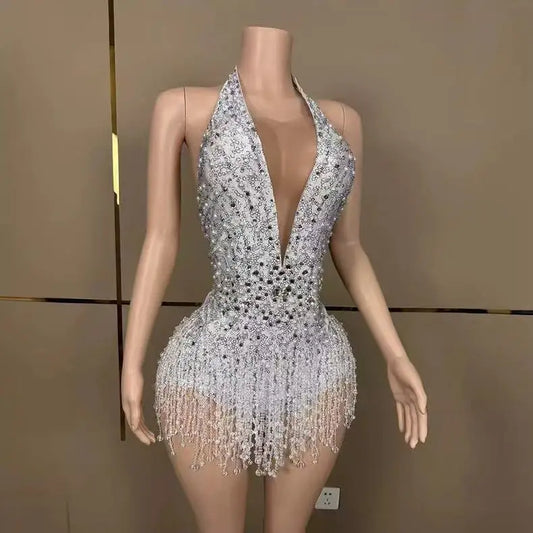 Sexy Deep V Neck Backless Performance Dance Costume Sparkly Rhinestones Pearls Fringes Bodysuit Dancer Stage Wear Club Outfit