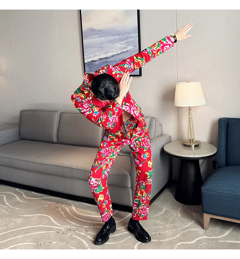 Traje de 2 piezas para hombre, estilo vintage, para fiesta, con estampado de flores grandes, estilo noreste de China, chaqueta y pantalones.