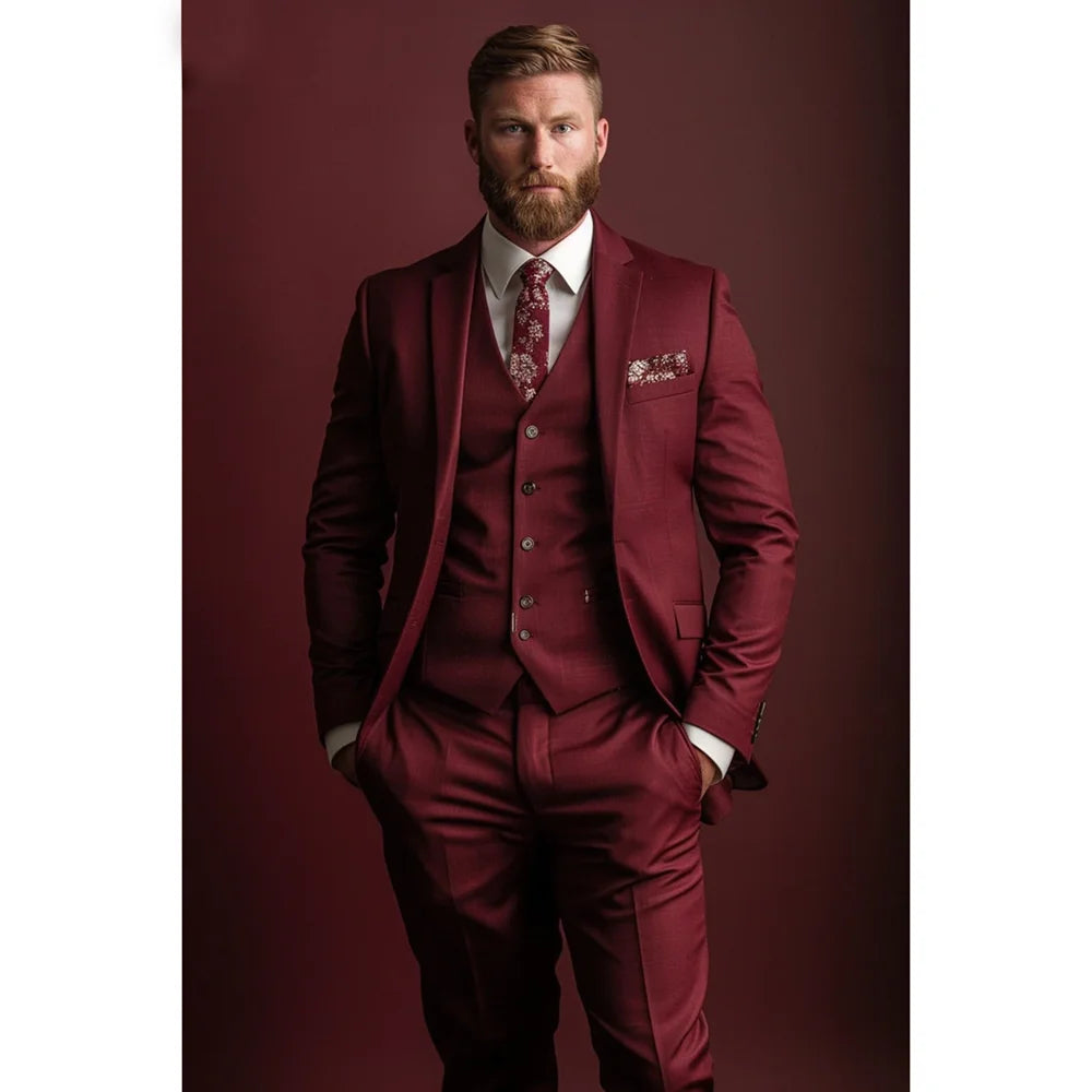 Costume homme bordeaux à revers crantés, simple boutonnage, slim, 3 pièces, style décontracté, pour le bureau, les mariages et les fêtes