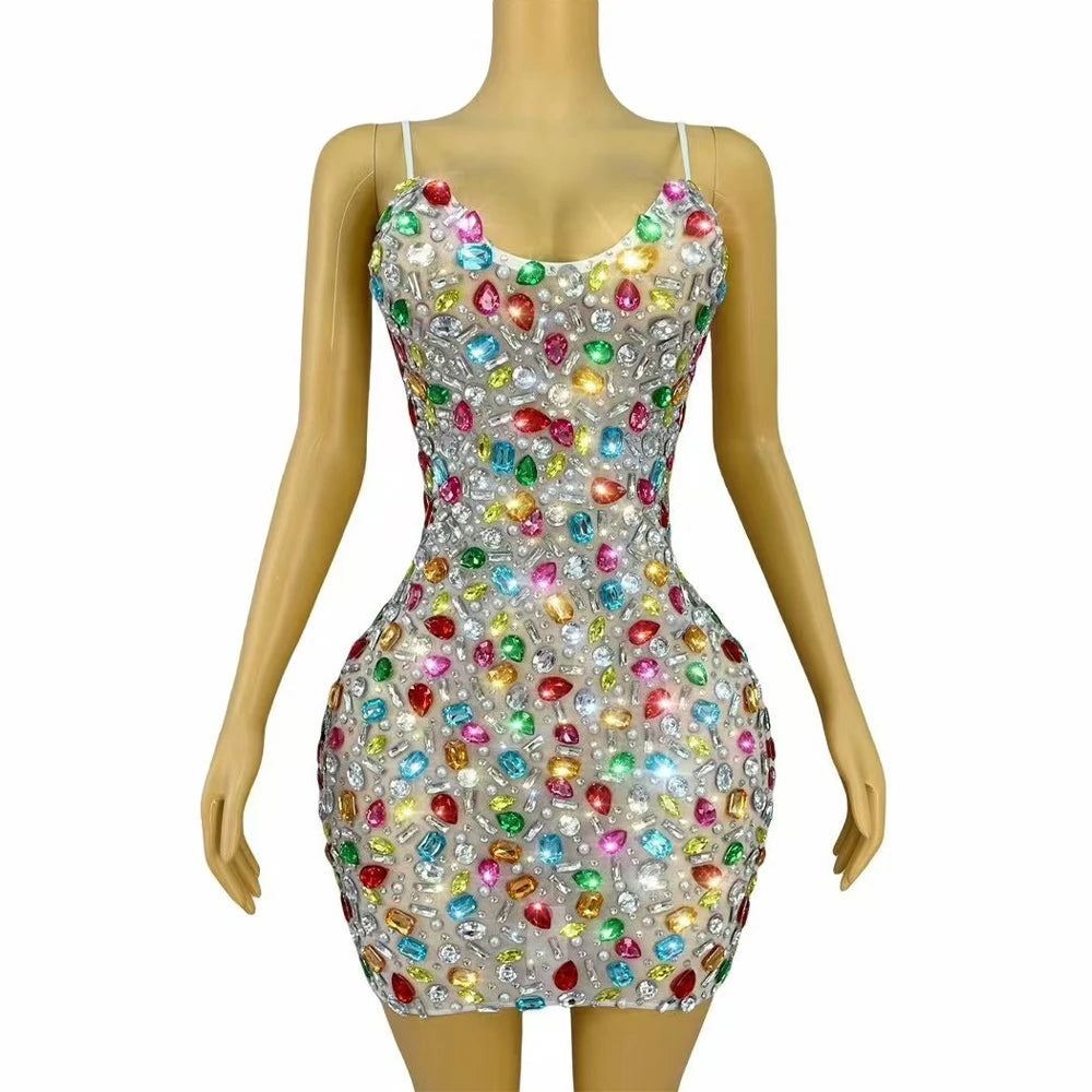 Sexy Luxury Elegant Shining Colourful Rhinestones Suspenders Mesh Dress Women Cocktail Party Evening Stage Photoshoot Costume