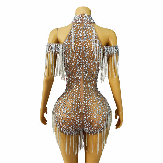 New Shining Rhinestones Crystals Chain Off-the-shoulder High Forks Women Party Singer Dancer Stage Perform Costume