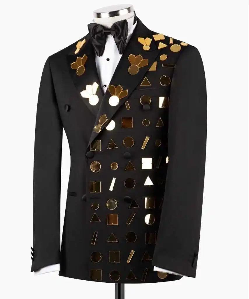 Handsome Wedding Tuxedos 2 Piece Set Jacket Pants Peaked Lapel Men Suit Sequin Double Breasted Groom Wear Party Suits Customized
