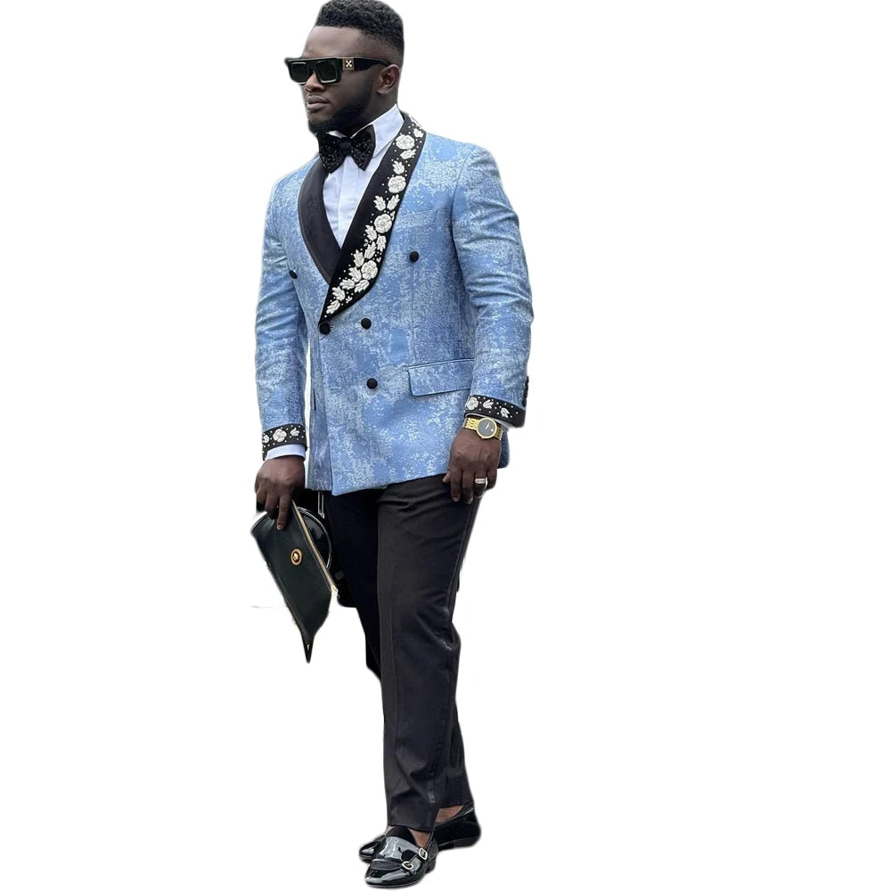 Elegant Men's Suits Appliques Jacket 2 Pieces Set Shawl Lapel Blazer Tailor-Made Double Breasted Groom Customized Coat Pants