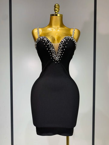 Women Sexy Sling V-neck Black Mini Bodycon Bandage Dress Luxury Celebrity Evening Club Celebrity Elegant Party Gowns