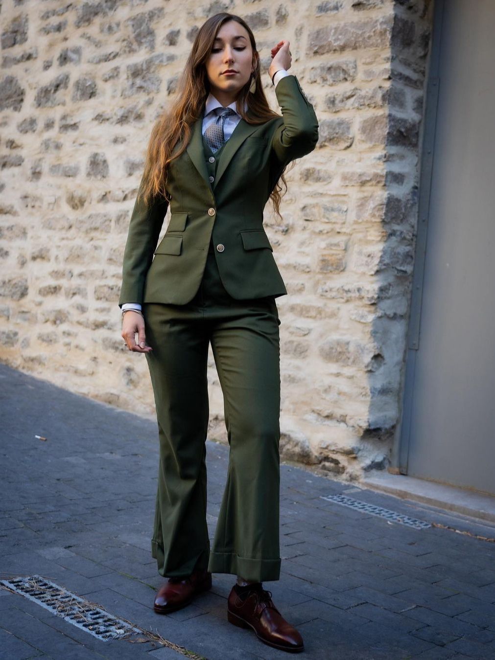 Costume blazer vert armée pour femme, coupe slim, tenue de soirée, de mariage, 3 pièces 