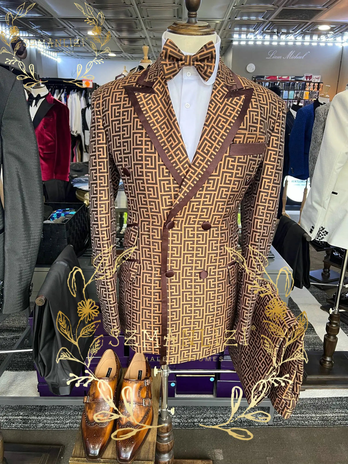 Men's Double Breasted Patterned Slim Fit Suit with Matching Bowtie and Pants Brown and Yellow