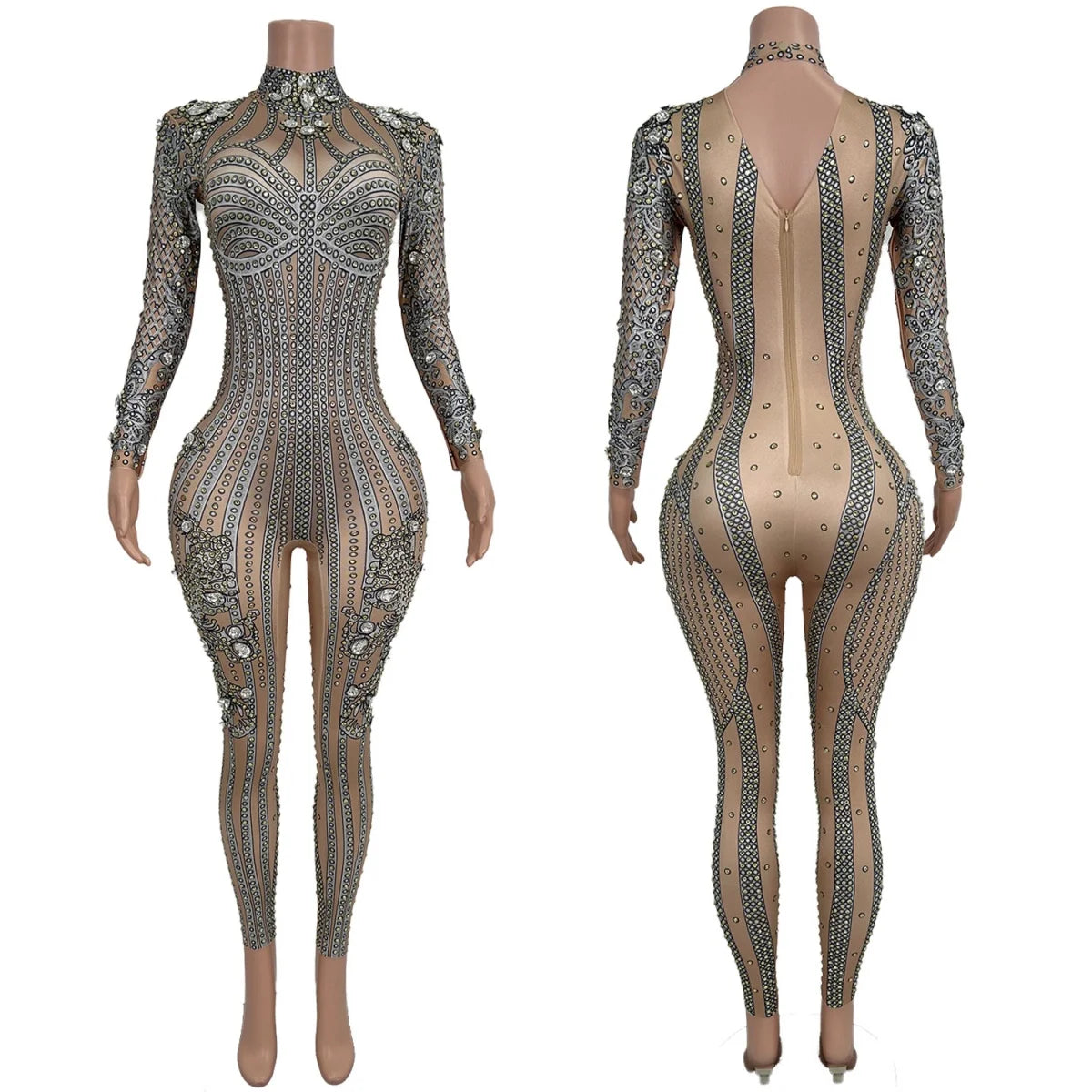 Spandex Printing Elastic Jumpsuit Sexy Women Tight Fitting Jumpsuit Sparkly Rhinestone Night Party Dance Stage Performance Wear