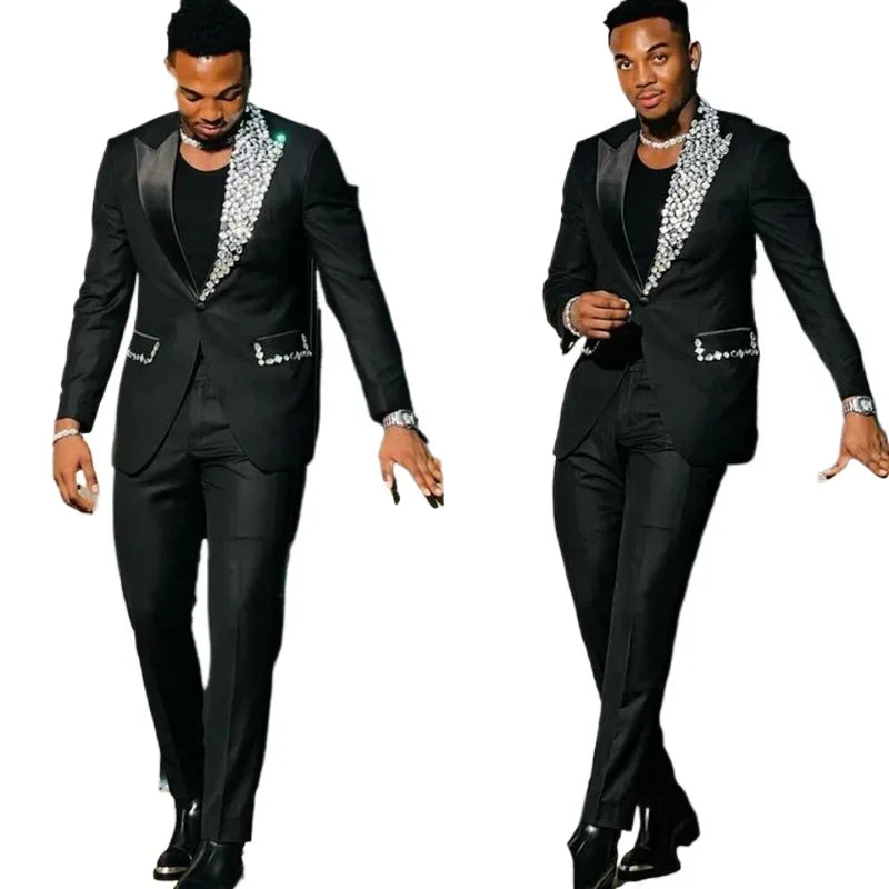 Black Suits for Men Slim Fit Single Breasted Peak Lapel Blazer Crystal Prom Party 2 Piece Jacket Pants Sets Terno