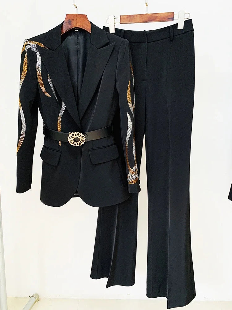 Fashion Designer Runway Suit Set Women's Colorful Diamonds Belted Blazer Flare Pants Suit 2pcs