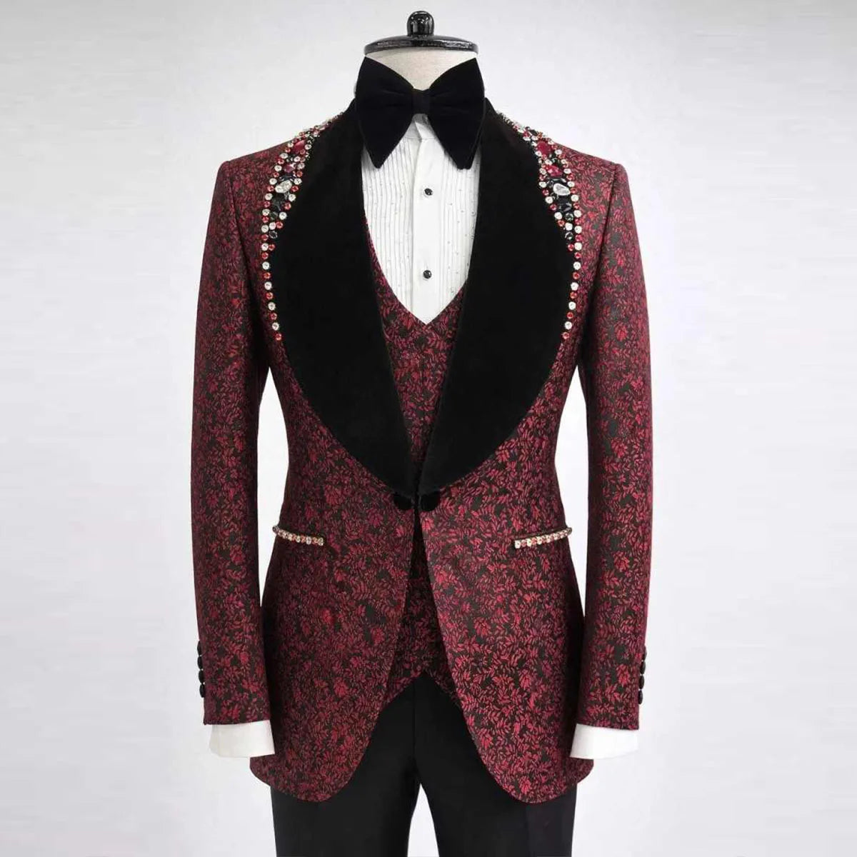 Customized Men Suits Shawl Lapel Groom Tuxedos  Luxury Bead Diamond Wedding Prom Blazers Trajes De Hombre Outfit Costume Homme
