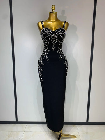 Women Sexy V Neck Black Beading Maxi Long Bodycon Bandage Dress Celebrity Elegant Evening Club Party Luxury Birthday Dress