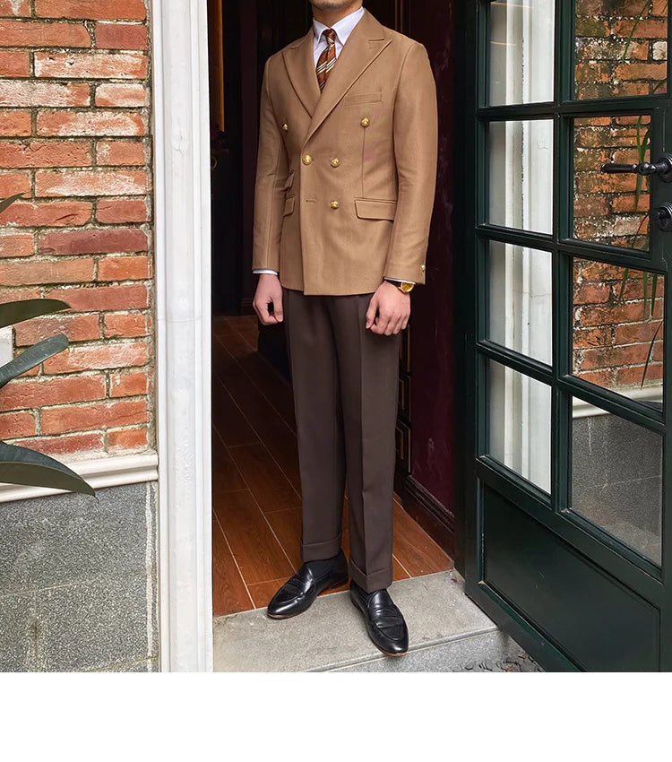 Blazer de estilo británico para hombre, traje ajustado de dos piezas con doble botonadura, color liso, informal y moderno.