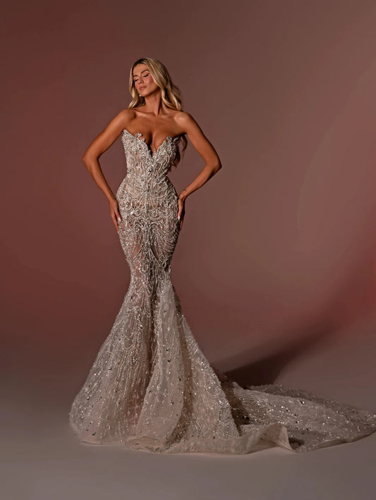 Robe de mariée sexy à décolleté en V profond, robe de mariée sirène de luxe avec perles scintillantes et cristaux, sur mesure