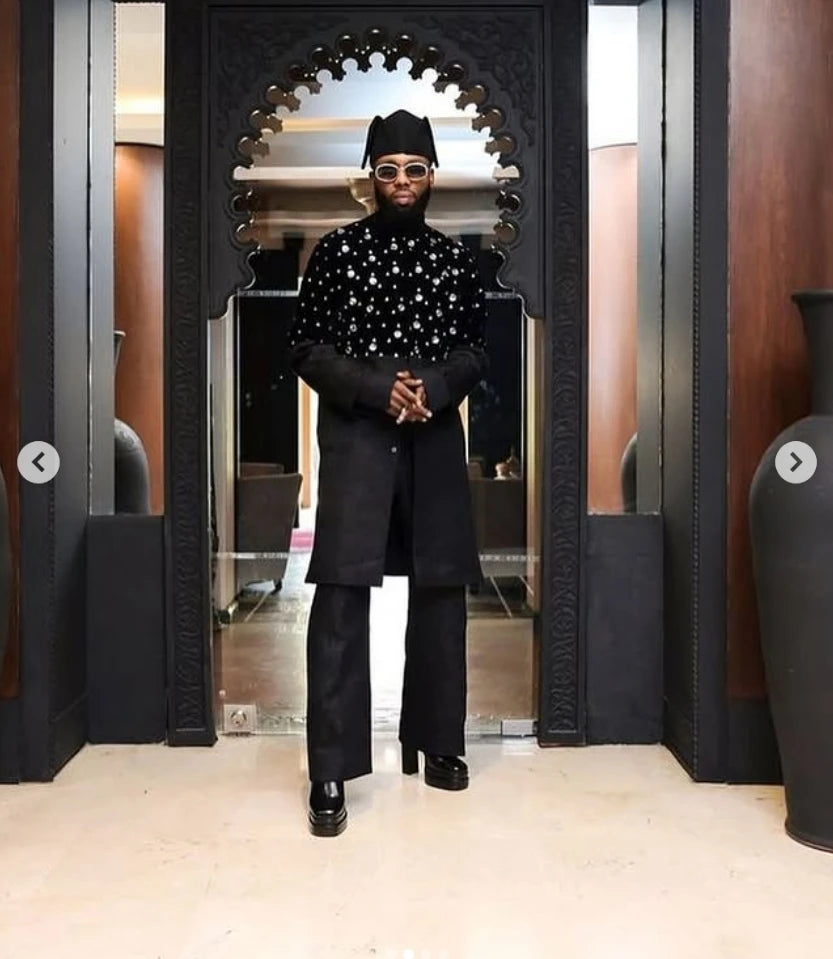 Luxury Black Men Suit Set 2 Piece Long Blazer+Pant Trousers Glitter Crystal Customized Formal Office Jacket Wedding Tuxedos Coat