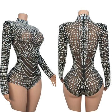 Body transparent en maille noire à strass scintillants, costume de danse sexy, justaucorps pour femme, tenue de club, tenue de scène 