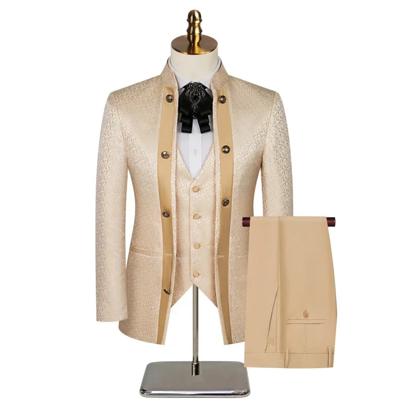 Double Breasted Floral Men Suits for Wedding 3 Pieces Stand Collar Groom Tuxedo Slim Fit Male Suit Jacket with Pants Vest