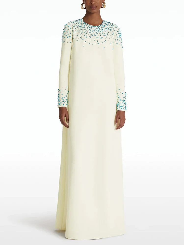 Newest Fashion Party Vestido Women's Beaded Loose Long Sleeved  Long Maxi Dress