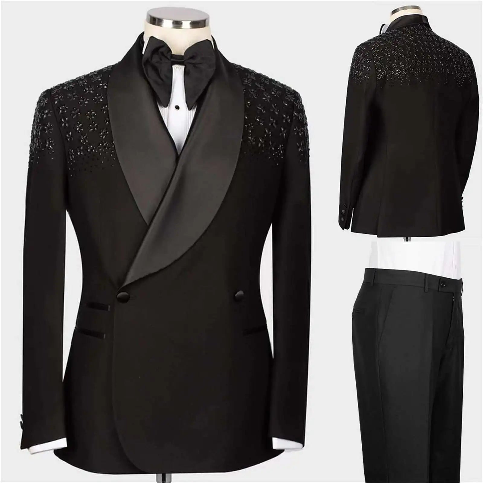 Sparkly Men Wedding Suits Crystal Shawl Lapel Double Breasted Tuxedos Groom Business Party 2 Psc Blazer Pants Custom Made