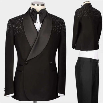 Sparkly Men Wedding Suits Crystal Shawl Lapel Double Breasted Tuxedos Groom Business Party 2 Psc Blazer Pants Custom Made