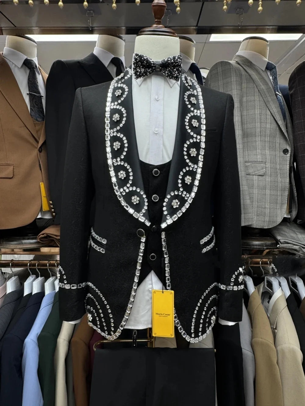 Retro Men Suits Shawl Lapel Tailor-Made 2 Pieces Jacquard Crystal Jacket Blazer One Button Groom Evening Customized Coat Pants