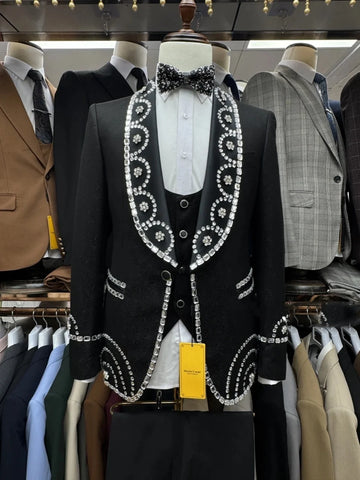 Retro Men Suits Shawl Lapel Tailor-Made 2 Pieces Jacquard Crystal Jacket Blazer One Button Groom Evening Customized Coat Pants