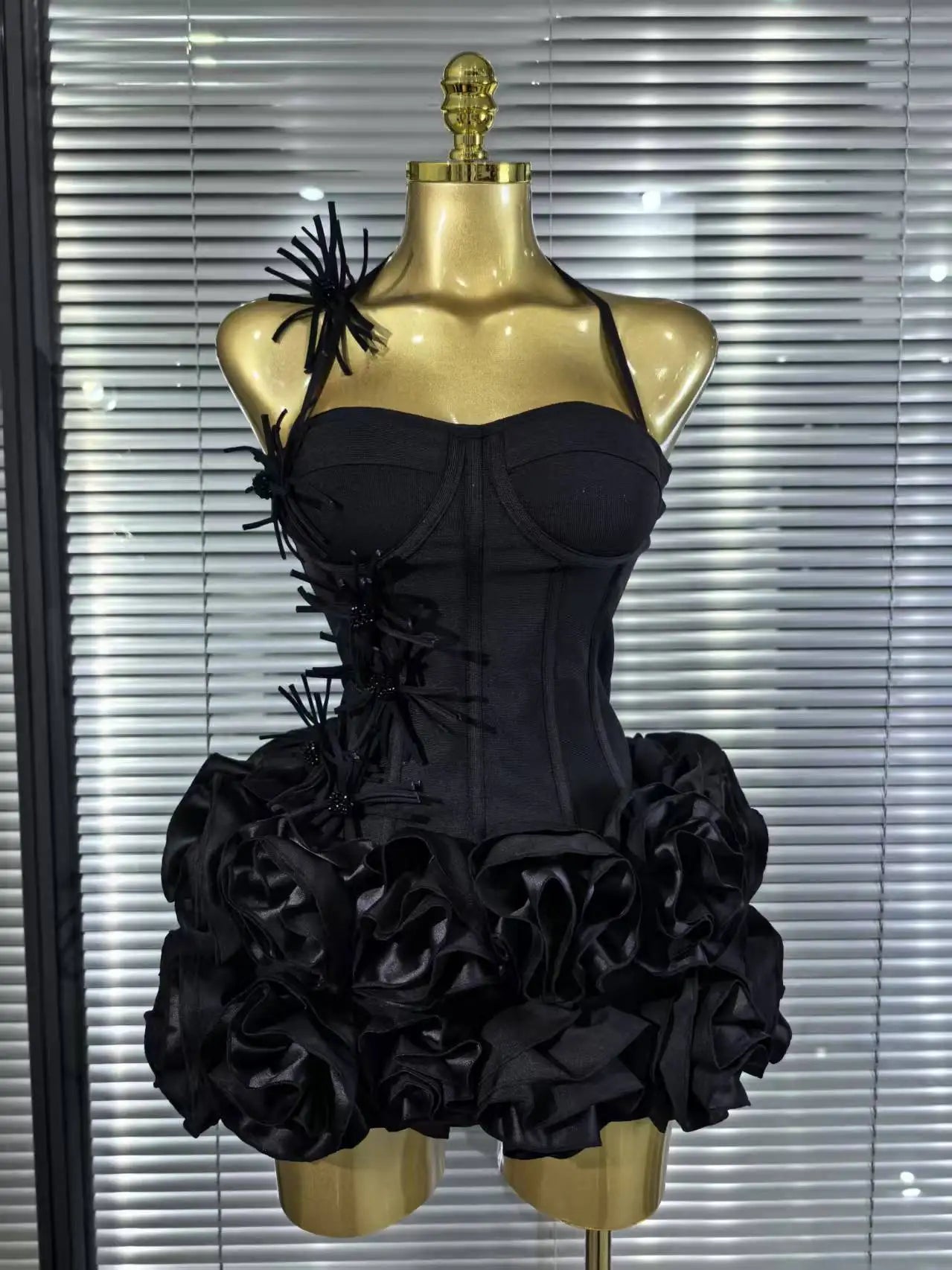 High Quality Black Red Women Sexy Halter Full Florals 2 Pieces Set Bodycon Mini Bandage Dress Celebrate Nightclub Party Wear