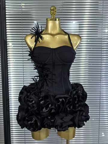 High Quality Black Red Women Sexy Halter Full Florals 2 Pieces Set Bodycon Mini Bandage Dress Celebrate Nightclub Party Wear