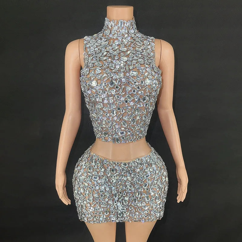 Shiny Rhinestone Silver Sexy Backless Tight Mini Dress Evening Performance Costume Nightclub Singer Stage Costume Birthday Party
