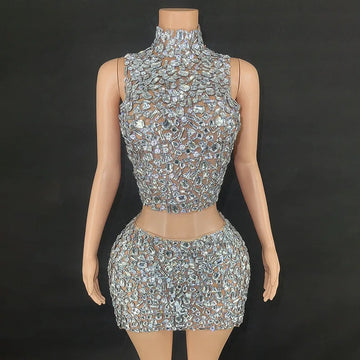 Shiny Rhinestone Silver Sexy Backless Tight Mini Dress Evening Performance Costume Nightclub Singer Stage Costume Birthday Party