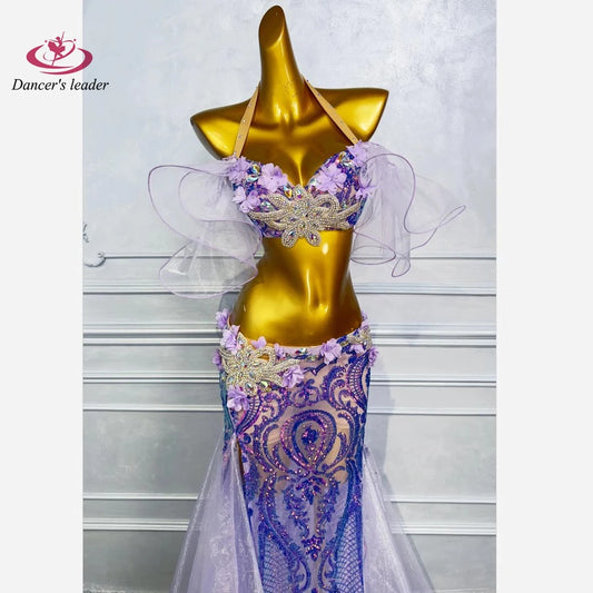 Belly Dance Professional Dress High-end Purple Flower Tulle with Diamond Female Adult Stage Professional Clothing