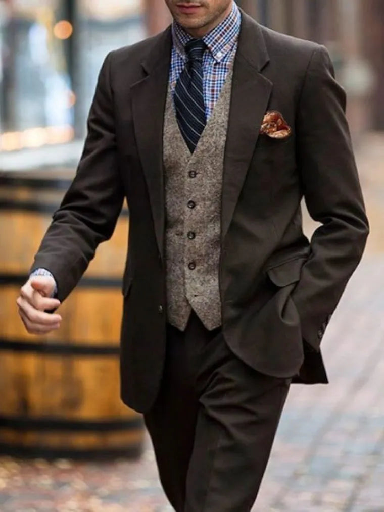 Costume homme marron foncé à chevrons, gilet, personnalisé, coupe slim, smoking de mariage, pour soirée, veste, pantalon et gilet, 3 pièces 