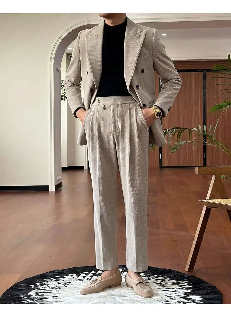 Autumn Thick Corduroy Groom Men Suit Designers Slim Fit Business Casual Double Breasted Suit Set Trend