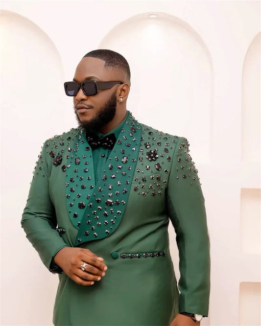 Green Men Suits Set 2 Pcs Crystals Blazer+Pant Trousers Wedding Tuxedos Cotton Formal Office Groom Prom Jacket Business Coat