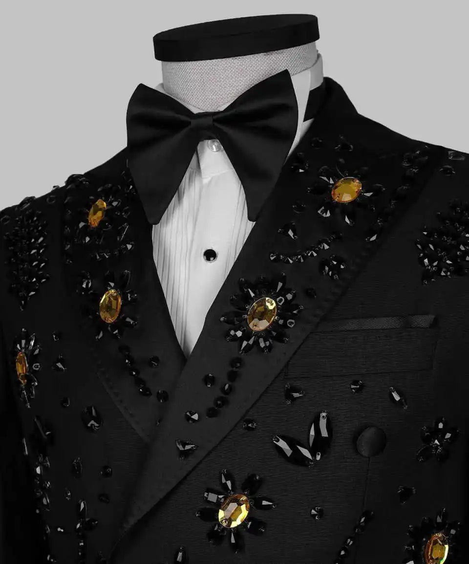 Luxurious Beaded Wedding Tuxedos Crystal 2 Piece Set Jacket Pants Men Suits Double Breasted Groom Wear Party Suit Customized