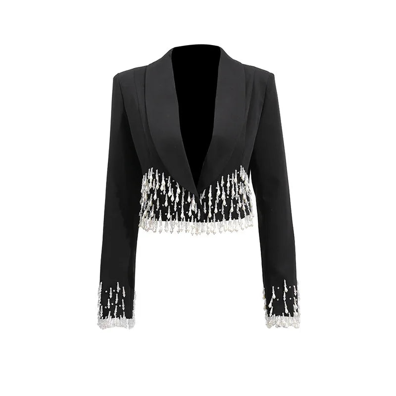 New Elegant Cropped Blazer with Sparkling Crystal Embellishments Stylish Womens Jacket Chic