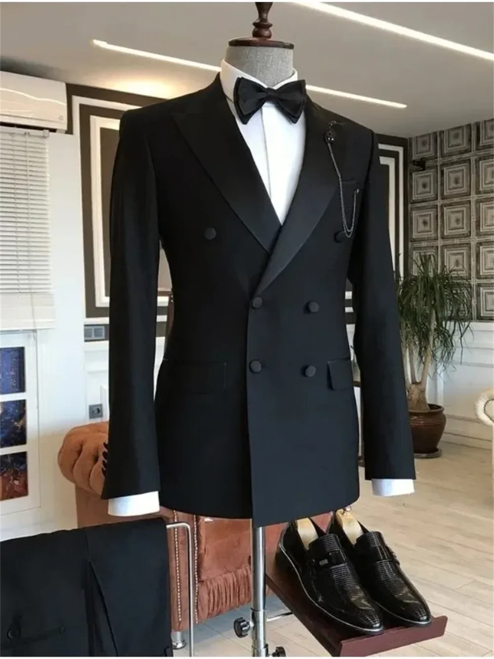 2 Pieces Black Suits for Men Peaked Lapel Double Breasted Bespoke Blazer Wedding Groom Tuxedos Prom Costume Homme  Jacket+Pants