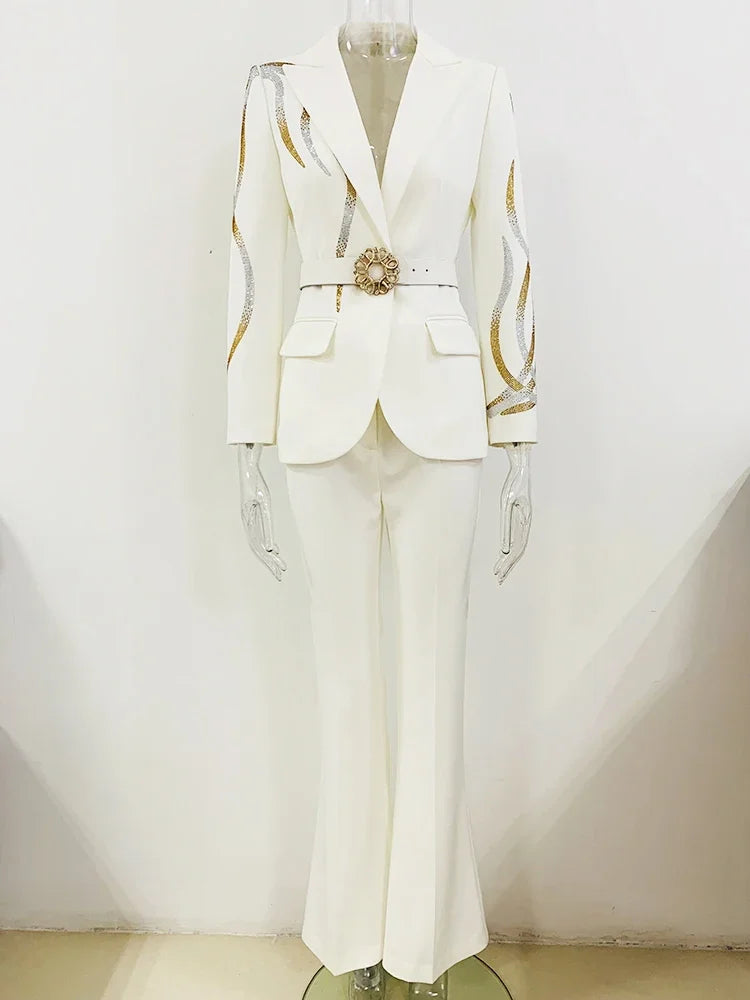 Fashion Designer Runway Suit Set Women's Colorful Diamonds Belted Blazer Flare Pants Suit 2pcs