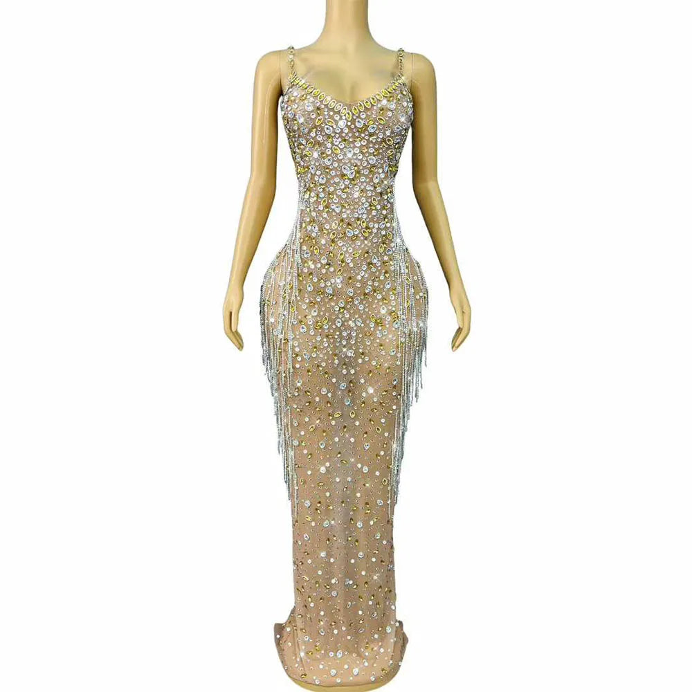 Sexy Flashing Rhinestines Crystals Chains Nude Mesh Suspenders Dress Women Party Celebrate Evening Red Carpet Gowns Stage Wear